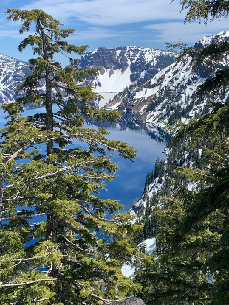 Pine trees, mountains and snow on Crater Lake