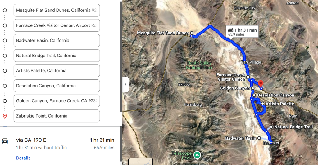 Map of how to explore Death Valley in 1 day