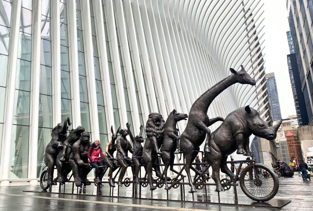 A Wild Life for Wildlife sculpture outside Oculus Plaza in NYC