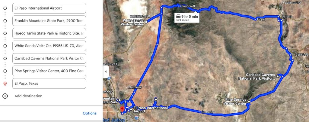 white sands to carlsbad caverns road trip map