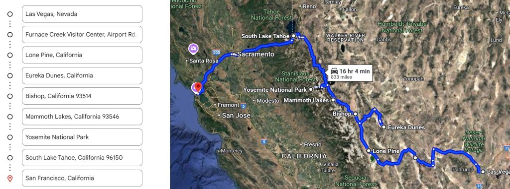 Eastern Sierras road trip map