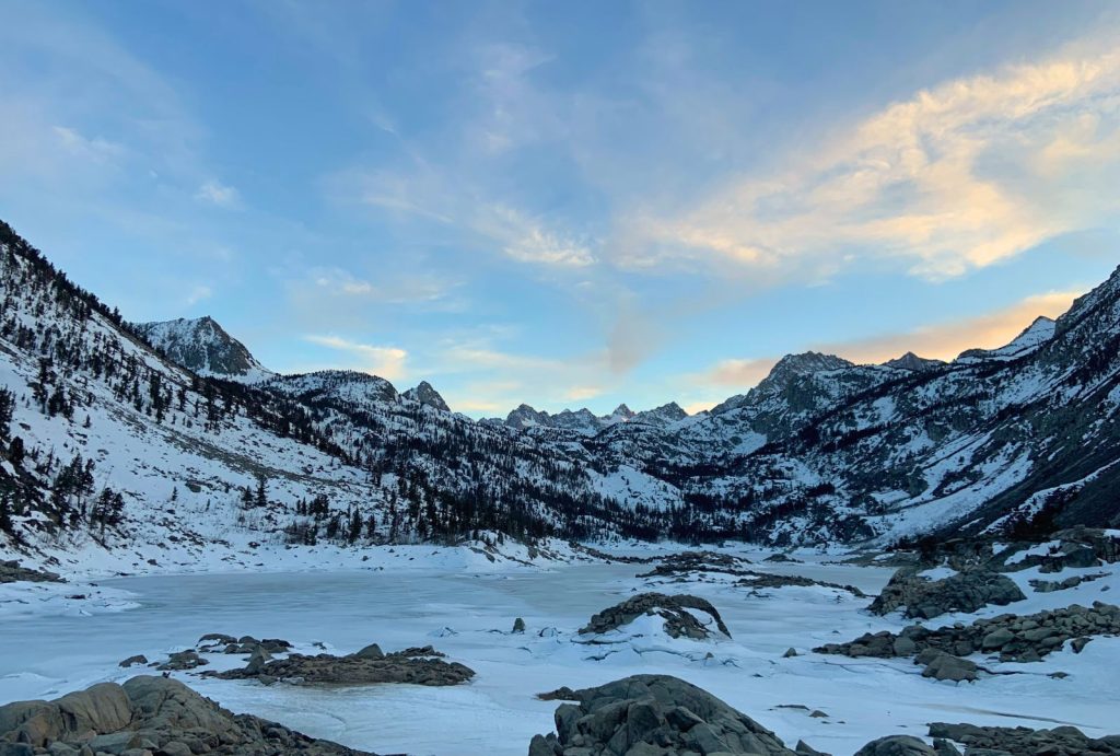Lake Sabrina covered in snow