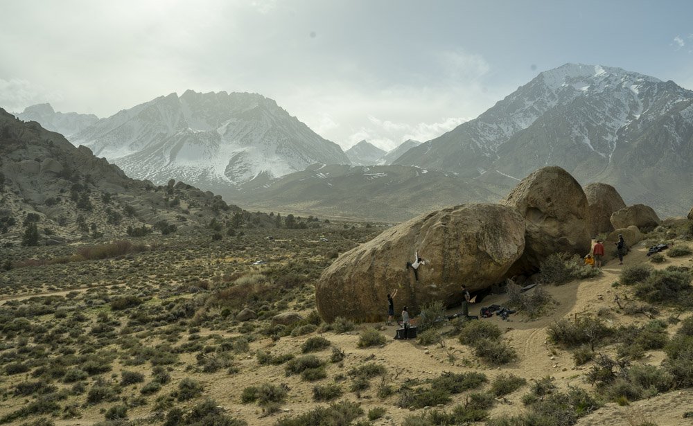 Rock climbing at Buttermilk Boulders Eastern Sierras