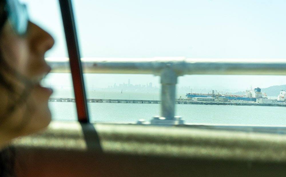 View of San Francisco skyline from inside a car