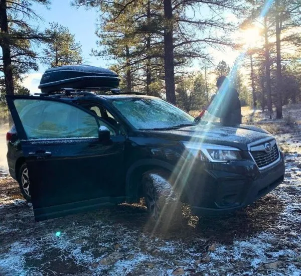 Car camping in a subaru forester in the Grand Canyon
