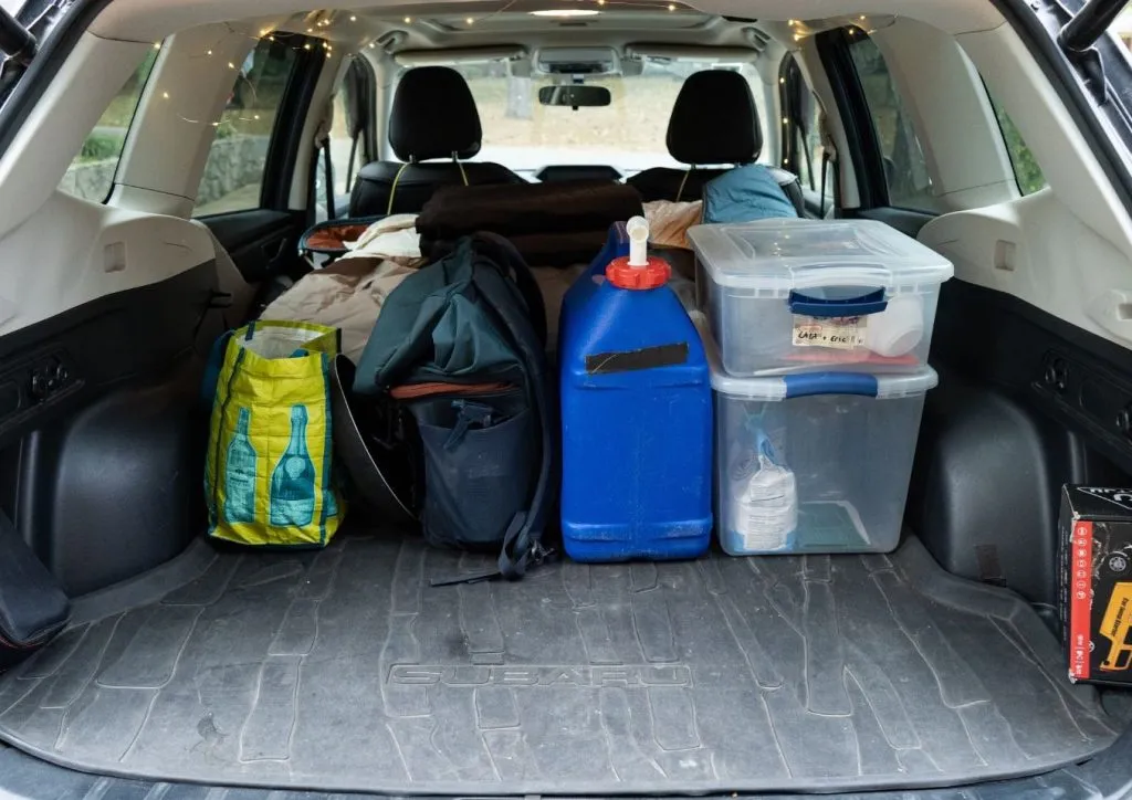 Cooking setup for car camping in a Forester
