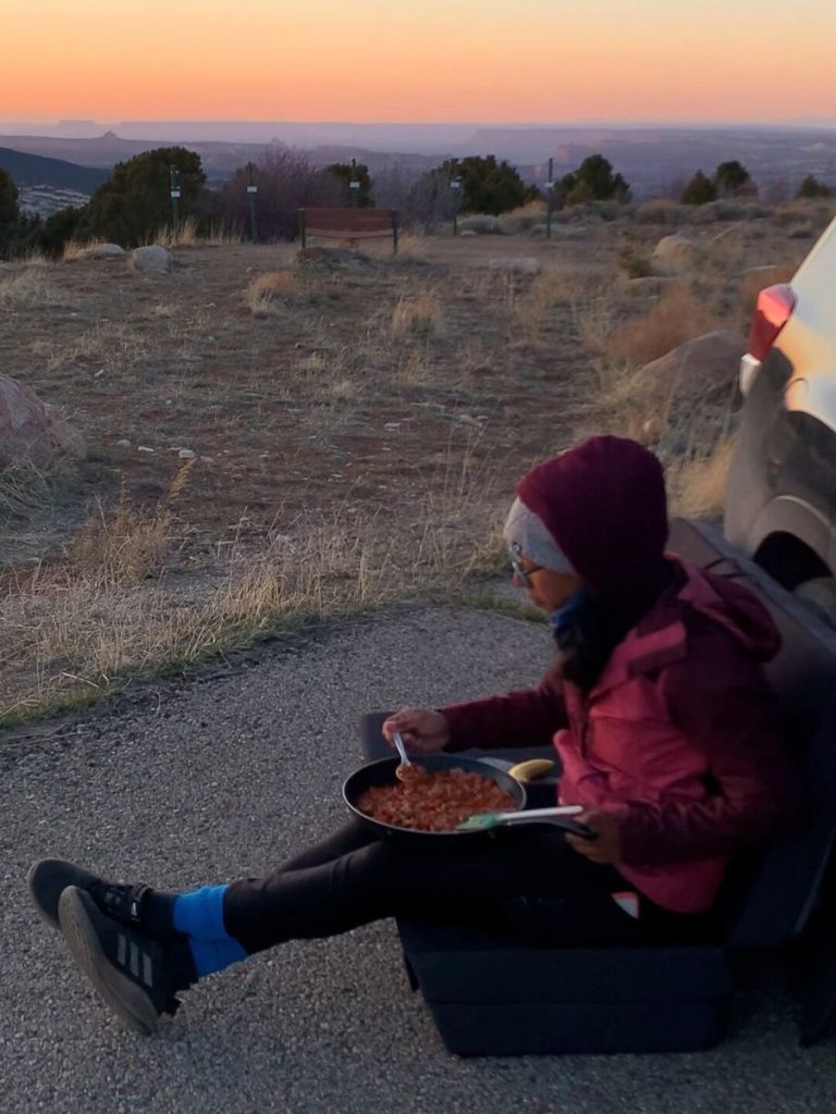 Eating straight out of the pan while SUV camping