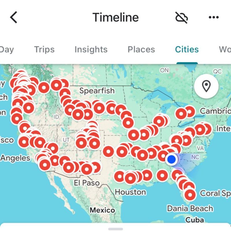 Google Maps timeline from 2 years of car camping