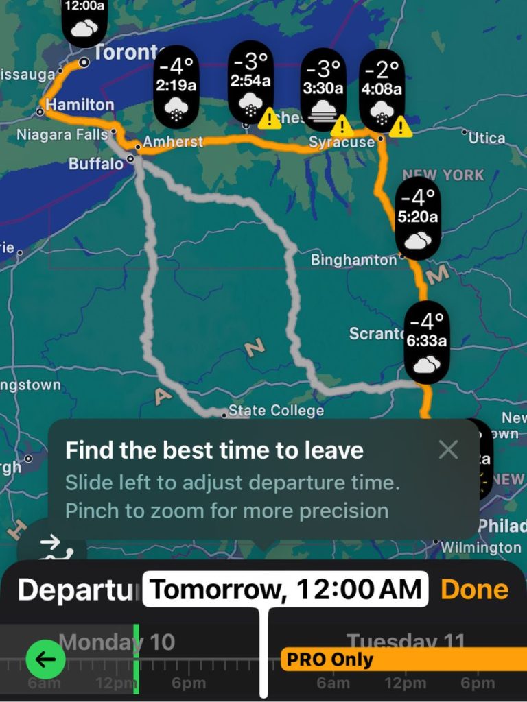 Using the app Weather on the Way for a road trip